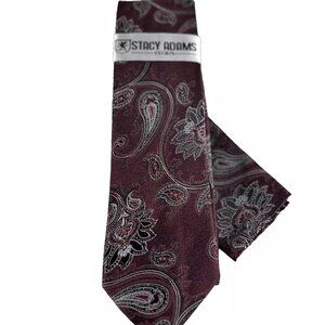 Stacy Adams Men's Tie & Hanky Burgundy Red Silver Black Gray Paisley 3.25" Wide
